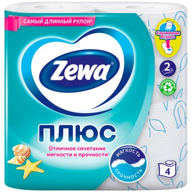Туалетная бумага Zewa Plus 2-х слойная Голубая 4 шт — Городок мастеров